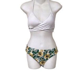 Swim, Swimwear Bikini, Tropical, size Large, White Top, Floral Bottom, Fully Lin